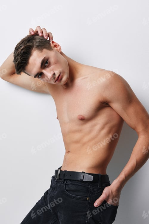Preview: sexy brunette topless athletic looks and light backgrounds
