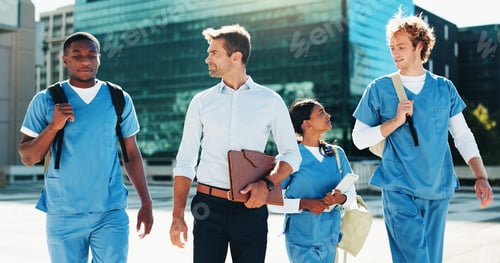 Preview: Professor, group and students walking in city for medical study, nursing program and healthcare opp