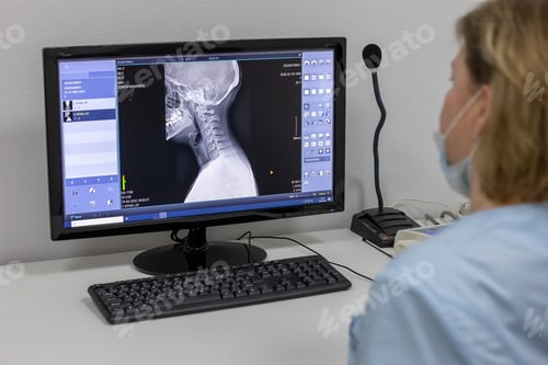 Preview: Digital X-ray of the cervical spine in the clinic. The doctor deciphers the X-ray image on the PC
