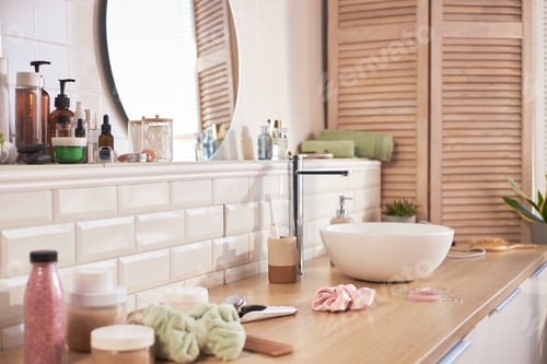 Preview: Bathroom Counter Displaying Skincare Products for Beauty Routine Preparation
