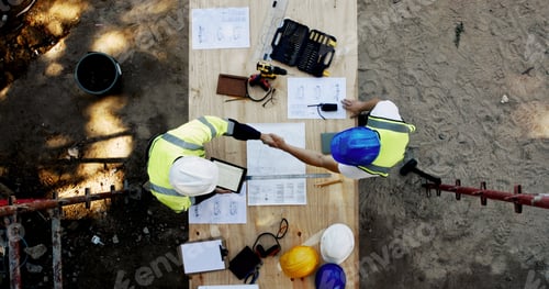 Preview: Blueprint, construction and men at table with handshake, collaboration and inspection agreement fro