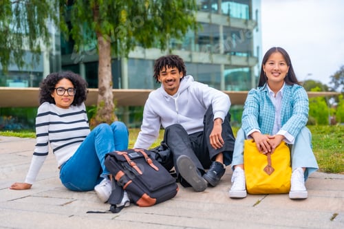 Preview: Diverse cool university students sitting outside the campus