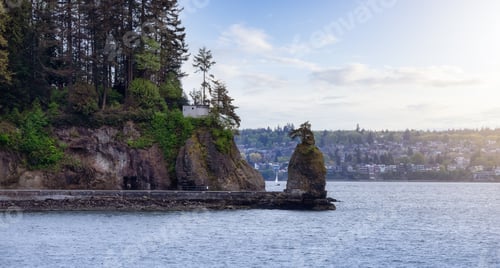 Preview: Siwash Rock and Seawall in Stanley Park on the West Coast of Pacific Ocean.