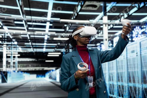 Preview: Data center female engineer uses VR headset to monitor infrastructure systems