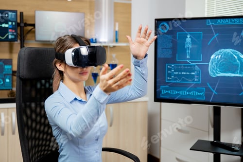Preview: Resident woman exploring virtual reality in a scientific laboratory