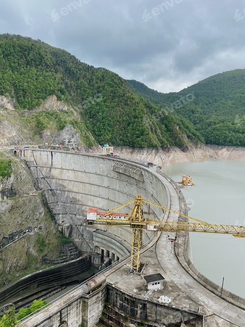 Preview: Storage reservoir around green mountains. Enormous reservoir of water in Georgia. Hydro station