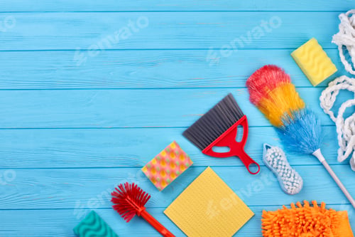 Preview: House cleaning products, copy space.
