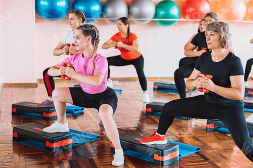 Preview: Group of women doing wide squats with dumbbells in their hands