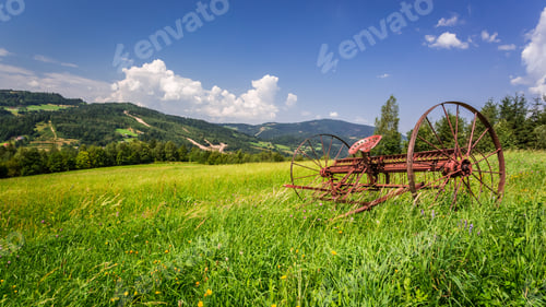 Preview: Red rake in a field in the mountains