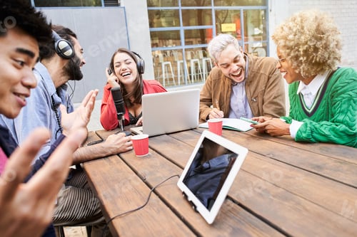 Preview: Audio broadcast outdoors. Happy laughing young people smiling podcast.
