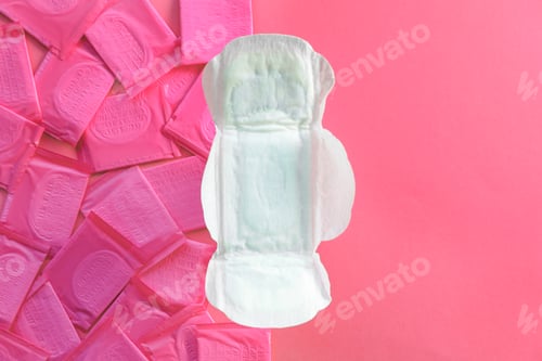Preview: Flat lay composition with menstrual pads on color background. Gynecological care