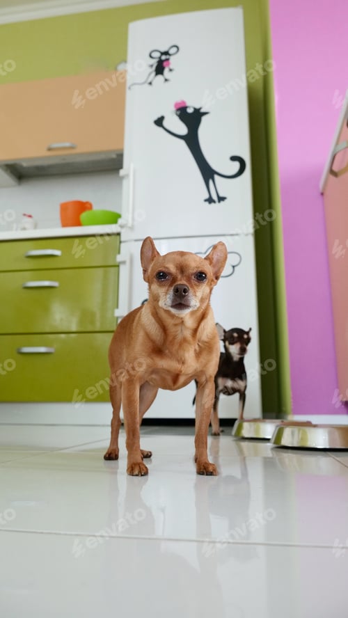 Preview: small two dogs near bowls of food and water in the kitchen