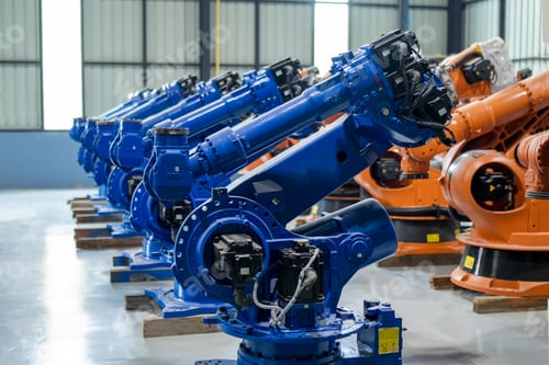 Preview: Automatics robot arms in factory floor. artificial intelligence technology concept
