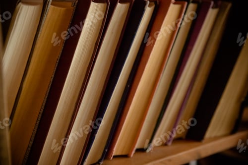 Preview: Many old books in a book shop or library. Toned image. .Selective focus.Antique books stack.Retro