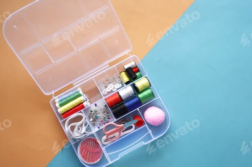 Preview: Tools and accessories for sewing on color background