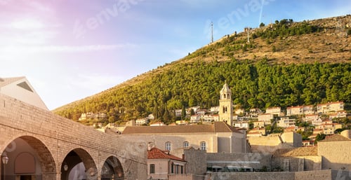 Preview: Buildings in the old town of Dubrovnik at sunset, Croatia.
