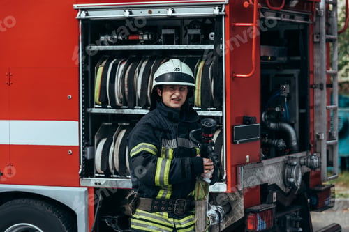 Preview: portrait of fireman in protective uniform and helmet standing at truck with water hoses inside on