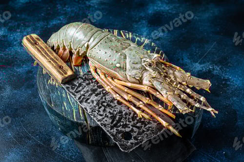 Preview: Spiny lobster on a wooden cutting board, raw seafood. Blue background. Top view