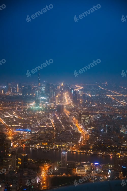 Preview: Night Aerial View Of Dubai Cityscape Skyline. Top View Skyline Cityscape City In Night Illuminations