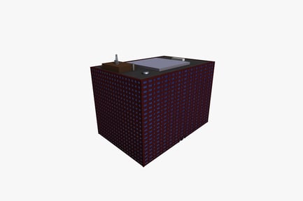 Rechteckiges Gebäude mit Gitterfassade und Dachantenne