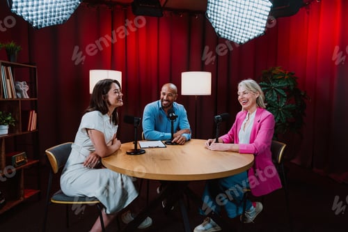 Preview: Group of three diverse hosts having a podcast discussion