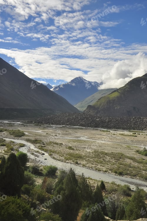 Preview: Morning view of mountains covered with clouds from the peak with Bhaga river in Darcha