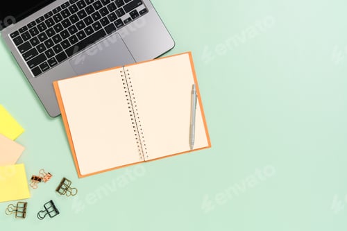 Preview: Creative flat lay photo of workspace desk.