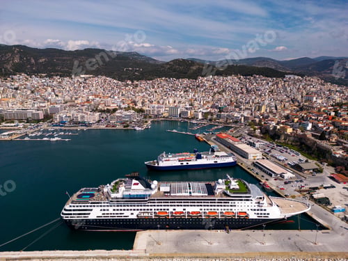 Preview: Aerial view cruise ship in port of Kavala. Visitors can enjoy breathtaking panoramas of the city's