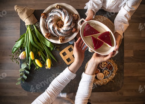 Preview: For a table set with food, Easter holiday.