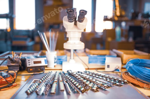 Preview: Modern microscope, Panel of LED light indicators is in the production