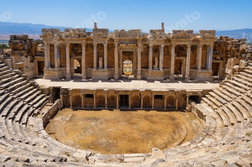 Preview: Hierapolis, Pammukale, Turkey. Ancient amphitheater. Panoramic landscape in the daytime.