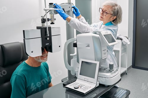 Preview: Optometrist doing eyesight test for senior patient using modern phoropter at ophthalmology clinic.