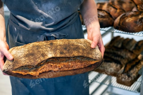 Preview: High angle close up of person holding freshly baked loaf of bread in an artisan bakery.
