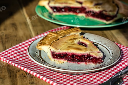 Preview: Rustic cherry pie with milk on wooden background, homemade dessert style