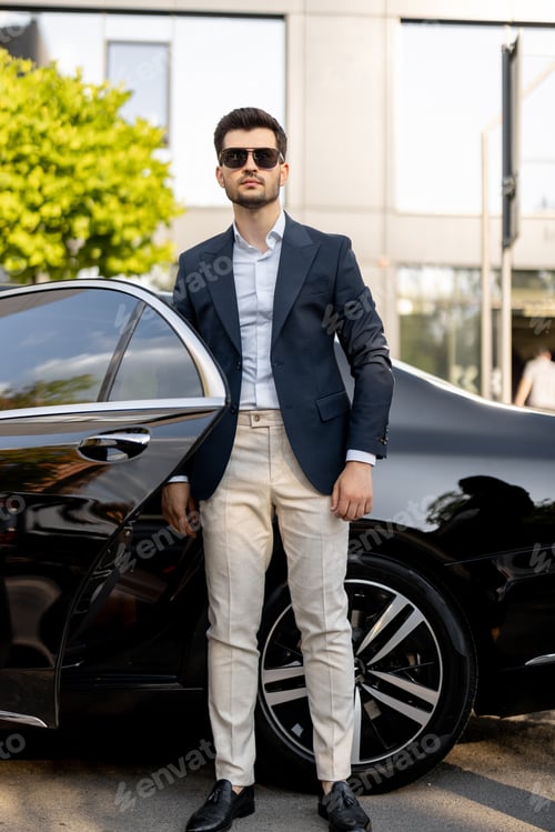 Preview: Businessman standing near luxury car
