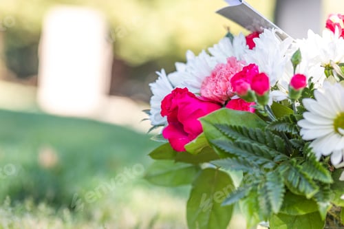 Preview: Close-up photo of variosu flowers with green leaves in vase