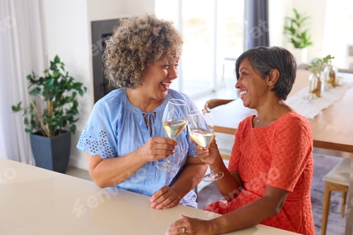 Preview: Two Women Toasting with Wine Glasses in Kitchen