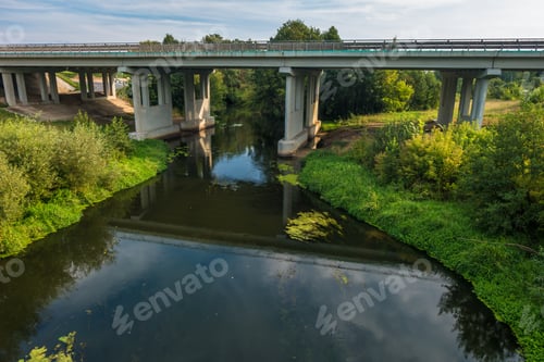 Preview: panorama view near big huge bridge across river