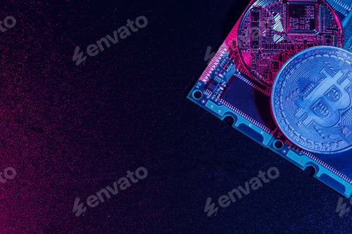 Preview: golden bitcoin and computer chip in background