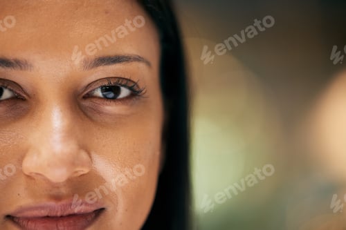 Preview: Eyes, face and beauty of a woman on a blurred background with bokeh and mockup or free space for ad