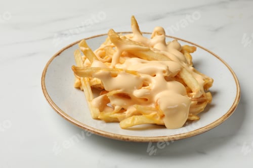 Preview: Delicious French fries with cheese sauce on white marble table, closeup