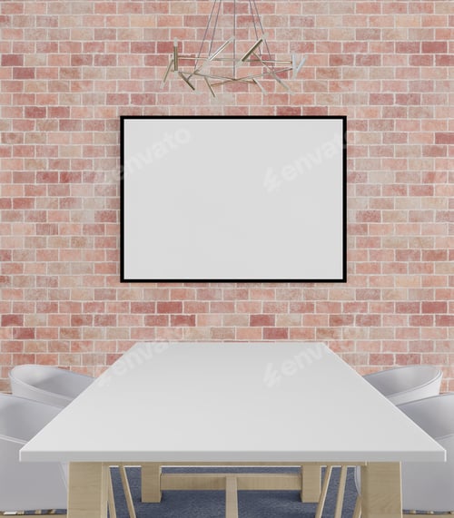 Preview: 3D mockup photo frame on wall in dining room