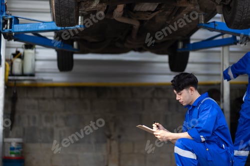 Preview: Car mechanic working in service station. Professional mechanic inspecting a lifted car.