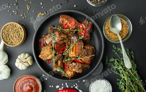 Preview: Baked ribs in a grill pan. Grilled pork ribs with spices and fresh herbs.Table background menu.