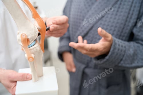Preview: Orthopaedist and his client discussing knee joint model