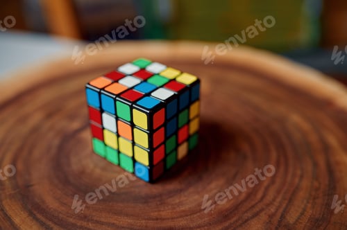 Preview: Classical colorful puzzle cube on wooden stump