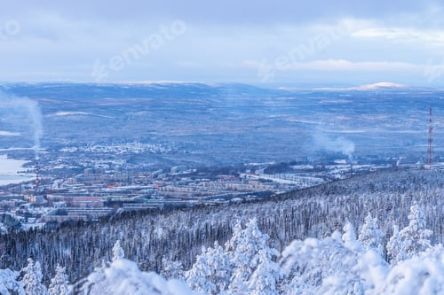 Preview: aerial view of Kandalaksha town in winter evening