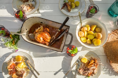 Preview: Summer dinner with chicken, potatoes and fruits water