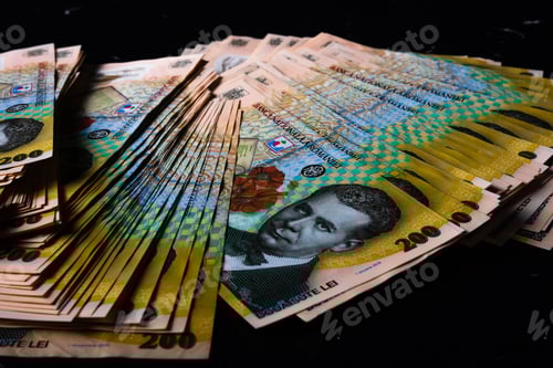 Preview: Closeup of the Romanian LEI bill pile spread on a black background