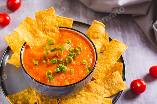 Preview: Close-up bowl with mexican tomato salsa sauce with herbs and corn chips on the table